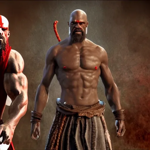 Image similar to Djimon Hounsou as kratos!!, 8k, cinematic, unreal engine