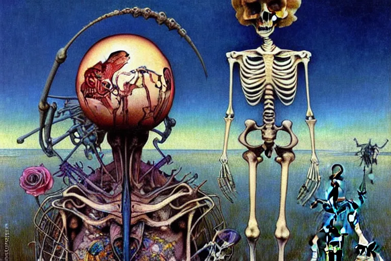 Prompt: realistic detailed portrait painting of an alien and a skeleton with a single rose wearing sci-fi helmet in a dystopian landscape by Jean Delville, Amano, Yves Tanguy, Alphonse Mucha, Ernst Haeckel, Edward Robert Hughes, Roger Dean, rich moody colours, blue eyes