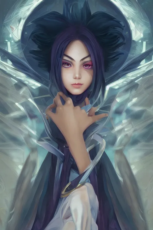 Image similar to YuGiOh, Black Magician Girl, digital painting, portrait, elegant, cinematic lighting, mysterious, highly detailed, artstation, concept art, illustration, smooth, sharp focus, editor's pickup, trending on artstation, trending on deviantart, alphonse mucha, WLOP
