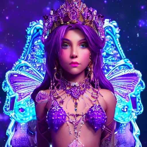 Image similar to portrait princess of amethyst, glowing, ornate and intricate purple jewelry, jaw dropping beauty, glowing background lighting, purple accent lighting, hyper detailed, fairy tale, 4 k octane render