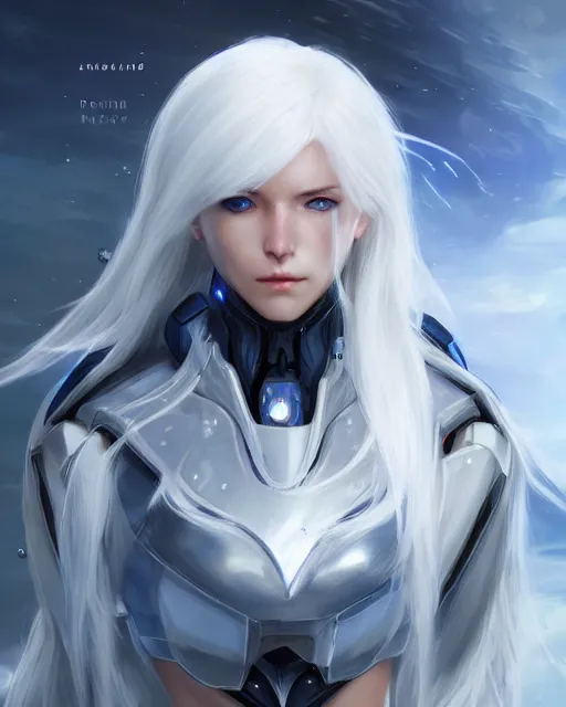 Image similar to perfect white haired girl, warframe armor, beautiful, pretty face, blue eyes, detailed, windy weather, scifi, platform, laboratory, experiment, 4 k, ultra realistic, epic lighting, high detail, masterpiece, by akihito tsukushi, charlie bowater