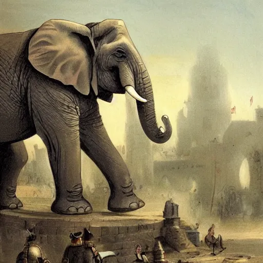 Image similar to elephant with a cannon in place of its head, men in napoleonic uniforms operate cannon on a platform around the elephant's neck, the elephant walks through the streets of a medieval city, illustration, rpg, hubert robert, dying earth, body horror