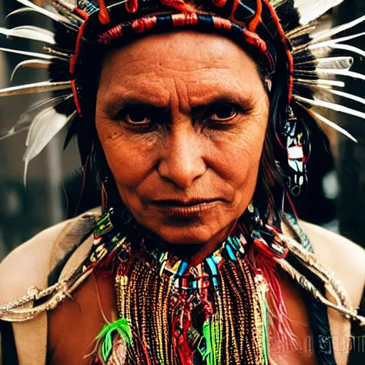 Image similar to portrait of a cyberpunk tribal woman, ornate headdress with cables feathers and bones, gritty realism, movie still,