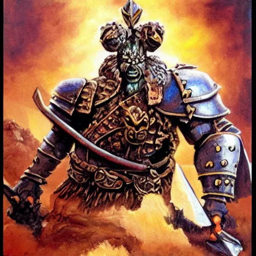 Prompt: ogre warrior wearing plated armor who is holding a battle axe in the style of warhammer fantasy : : head and torso oil painting