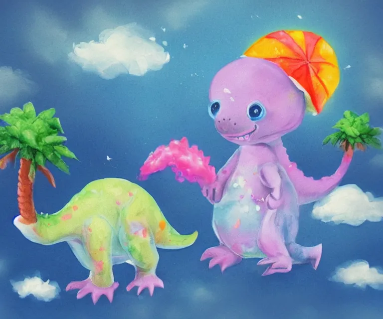 Image similar to a cute little dinosaur, water painting, cotton candy, fluffy clouds