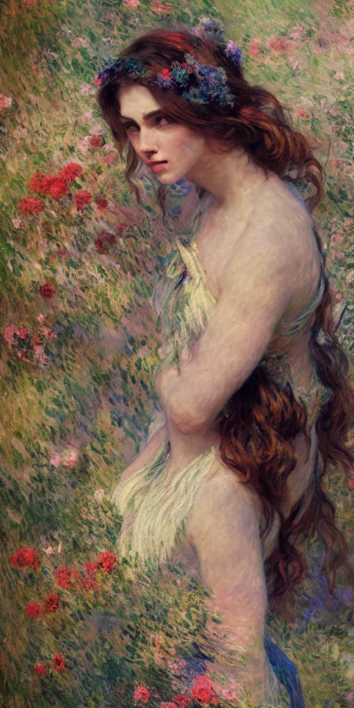 Image similar to illustration studio portrait of a beautiful girl in an artistic pose resting in nature, monet painterly motives and textures pattern, hyper detailed, octane render, vivid colors, artstation, by jeremy mann, by alphonse mucha, by monet