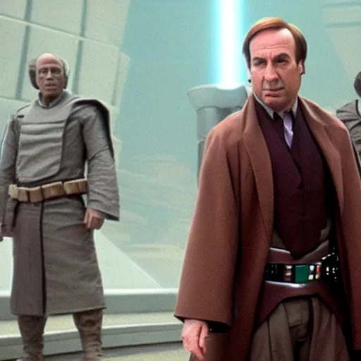 Image similar to Saul Goodman as a Jedi on Coruscant in Star Wars Attack of the Clones”