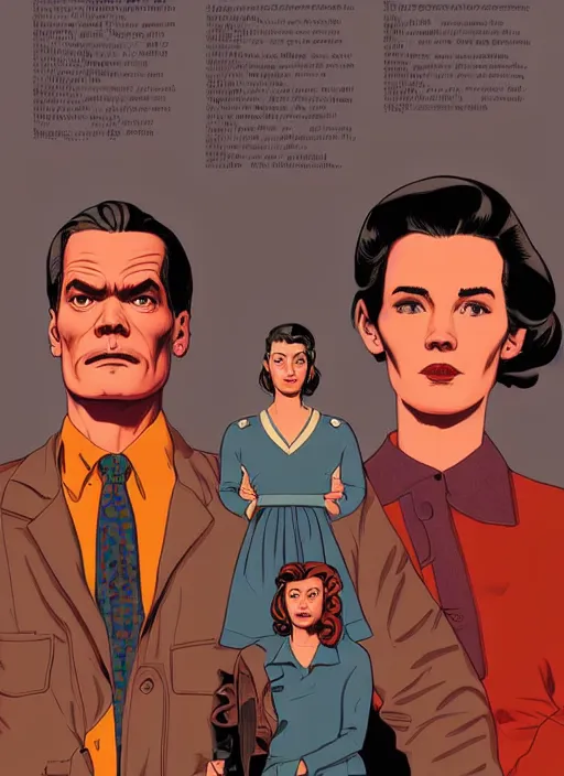 Prompt: Twin Peaks art, of Michael Shannon dressed as mechanic talking to Jennifer Connelly wearing light blue diner waitress dress, poster artwork by Tomer Hanuka and Kilian Eng, from scene from Twin Peaks, simple illustration, domestic, nostalgic, from scene from Twin Peaks, clean, New Yorker magazine cover