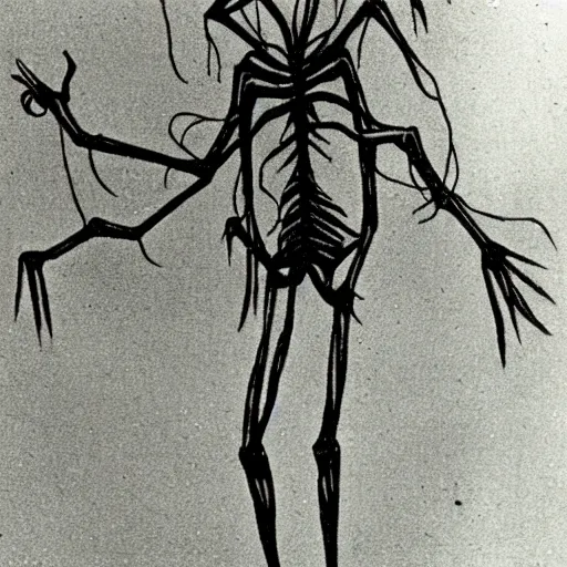 Image similar to A 1900's polaroid of a creepypasta tall slender spindly monster running towards the camera