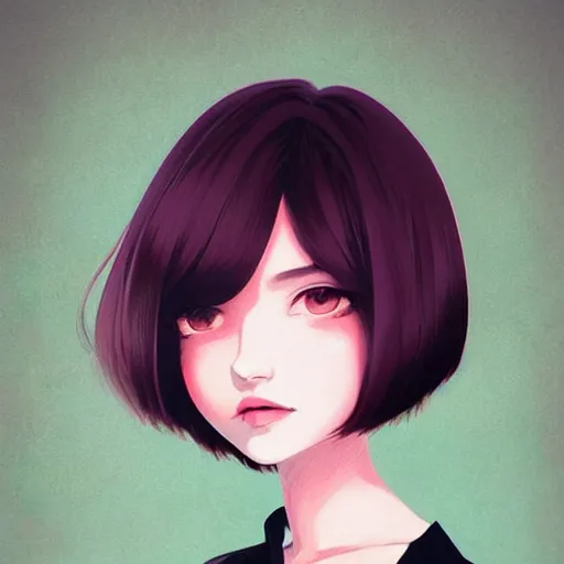 Prompt: urban girl fanart, brunette bob haircut, head and shoulders, matte print, pastel pink, ornate, digital art, cute smile, digital painting, fan art, elegant, pixiv, by Ilya Kuvshinov, by Studio Ghibli, daily deviation, IAMAG