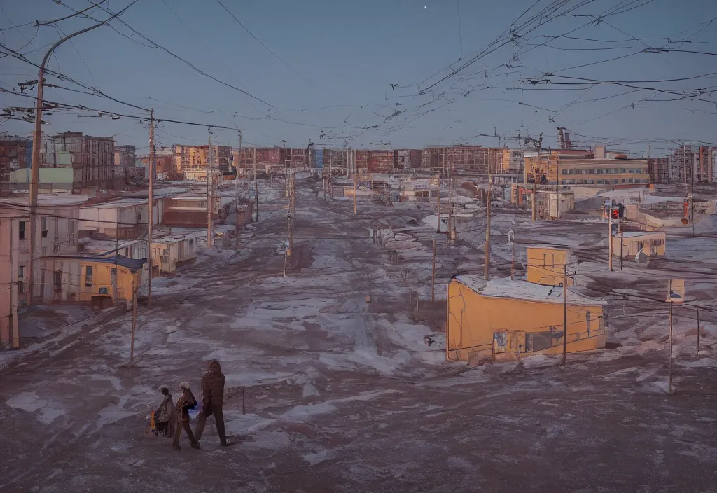 Image similar to accidentally wes anderson award - winning street photograph of a norilsk russian lunar cosmic city, art by greg rutkowsky, trending on artstation, cinematic lighting, filmic grain, golden hour, detailed, 4 k