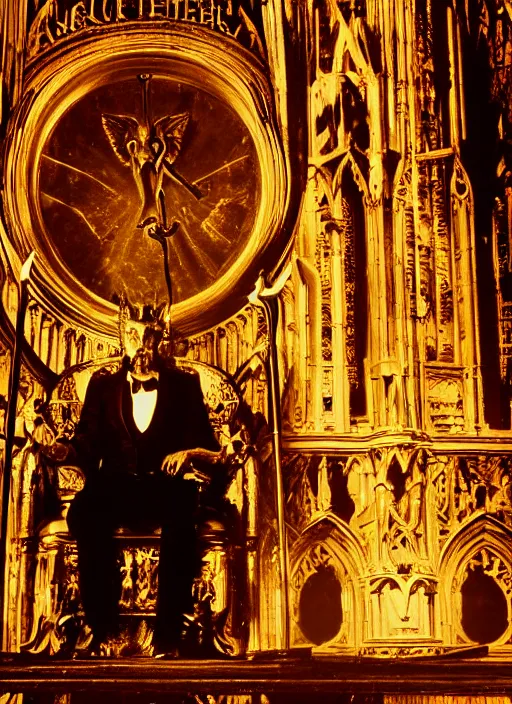 Prompt: lucifer sitting on hellish throne in victorian era cathedral horns and pitchfork 3 0 mm 4 k ray tracing