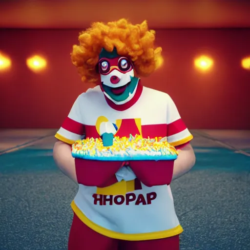 Image similar to Ronald Mcdonald with a birthday cake wearing a miami dolphins jersey, concept art, cgsociety, octane render, trending on artstation, unreal engine 8k,