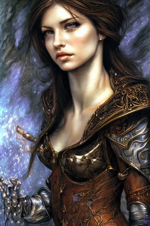 Image similar to high quality extremely detailed closeup portrait of a young attractive female necromancer looking away from the camera, realistic eyes, sparkle in eyes, no hands visible, fantasy, d & d, intricate, painting by lucian freud and mark brooks, hd