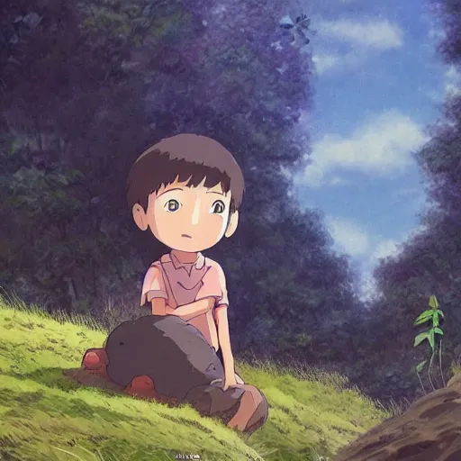 Prompt: friendly guy and small creature , with Fragile looking character portrait face in Ghibli artstyle highly detailed art, beautiful scene, sharp focus, smooth, 8k, anime art