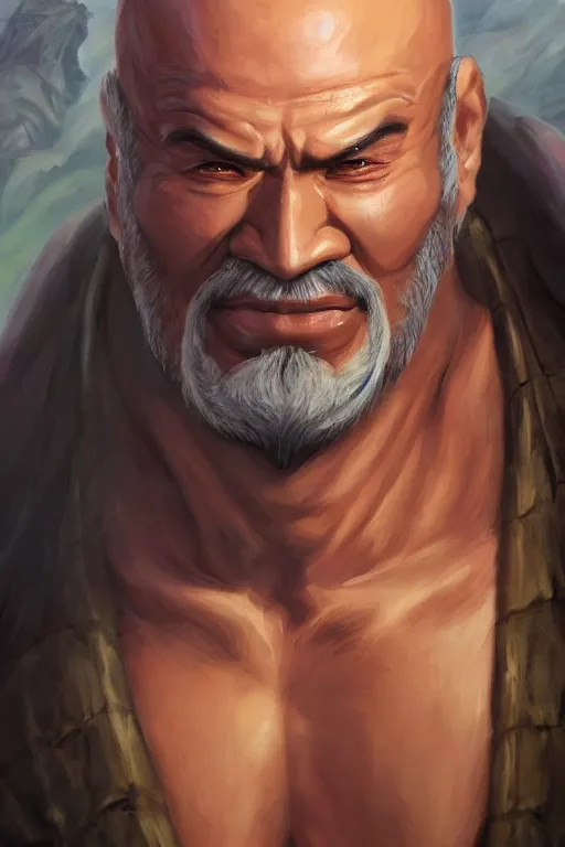 Image similar to a full body high detail fantasy portrait oil painting illustration of heihachi mishima by justin sweet with face and body clearly visible, in a scenic background, pretty eyes, realistic proportions, d & d, rpg, forgotten realms, artstation trending, high quality, sombre mood, artstation trending, muted colours, entire person visible!