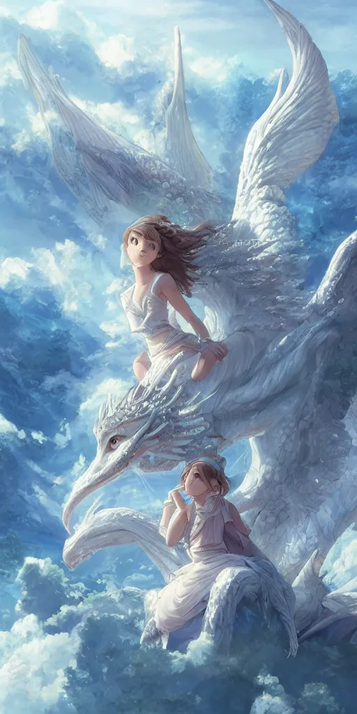 Image similar to the beautiful hyper detailed portrait render that a beautiful princess sitting on the back of a huge silver white dragon alone in fairyland surrounded by white clouds, finely detailed angelic face delicate features, style of studio ghibli, makoto shinkai, raphael lacoste, artgerm, james jean, ross tran, animation style, hd, ultra wide angle