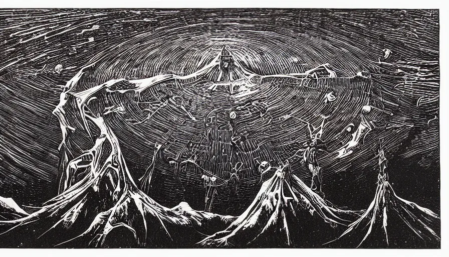 Image similar to linocut print of the apocalypse, mind map, dante, beksinski, ink, detailed, clean lines