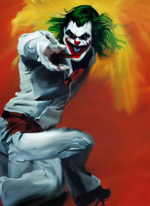 Image similar to joaquin phoenix as joker dancing, painting by phil hale, fransico goya,'action lines '!!!, graphic style, visible brushstrokes, motion blur, blurry, visible paint texture, crisp hd image