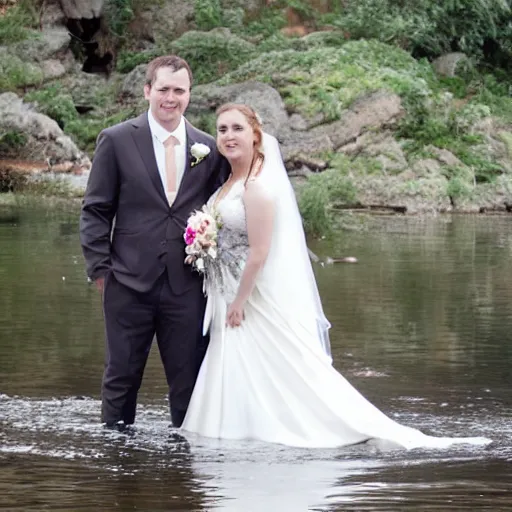 Prompt: a bride and groom stand in the water, wedding photo