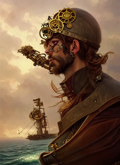 Prompt: male airship pirate, steampunk airship flying above the sea, D&D, handsome, side profile, fantasy, intricate, long hair, leather coat, gold earring, red hair, elegant, highly detailed, digital painting, artstation, concept art, smooth, sharp focus, illustration, art by artgerm and greg rutkowski and alphonse mucha