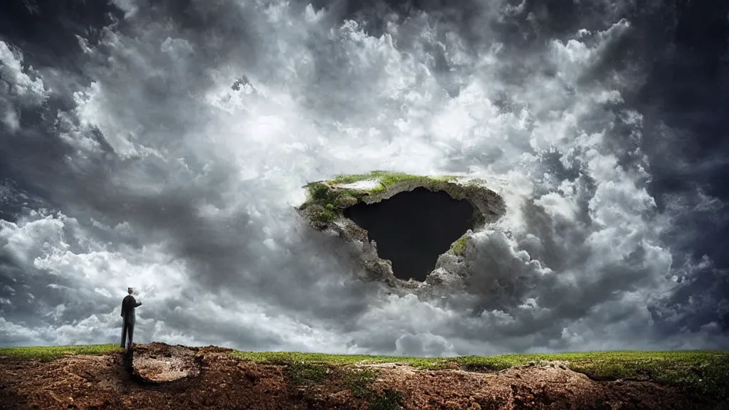 Prompt: looking up at the clouds from a deep hole in the ground, surrealism photography by Sarolta Bán