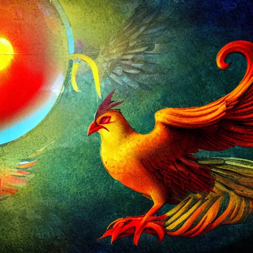 Image similar to the solarpunk phoenix, red bird, ornate egg, regeneration, landscape, epic composition, volumetric light, bokeh, inspired by leonardo da vinci and by mark briscoe