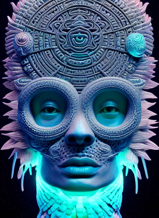 Image similar to 3 d goddess face portrait, sigma 5 0 0 mm f / 5. beautiful intricate highly detailed quetzalcoatl skull and feathers. bioluminescent, plasma, lava, ice, water, wind, creature, thunderstorm! artwork by tooth wu and wlop and beeple and greg rutkowski, 8 k trending on artstation,