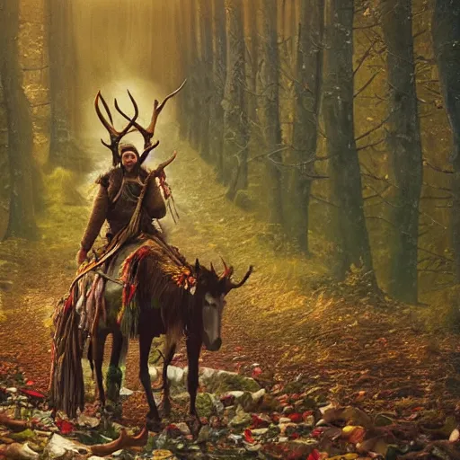 Image similar to hippie tribal hobo wearing twigs and leaves smiling sheepishly, riding tiny scuffy donkey with novelty oversized antlers, autumn forest, highly detailed, dramatic lighting, night time, cinematic, hyperrealistic, detailed, movie still from game of thrones