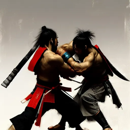 Prompt: two samurais fighting with each other, art by ruan jia, trending on artstation