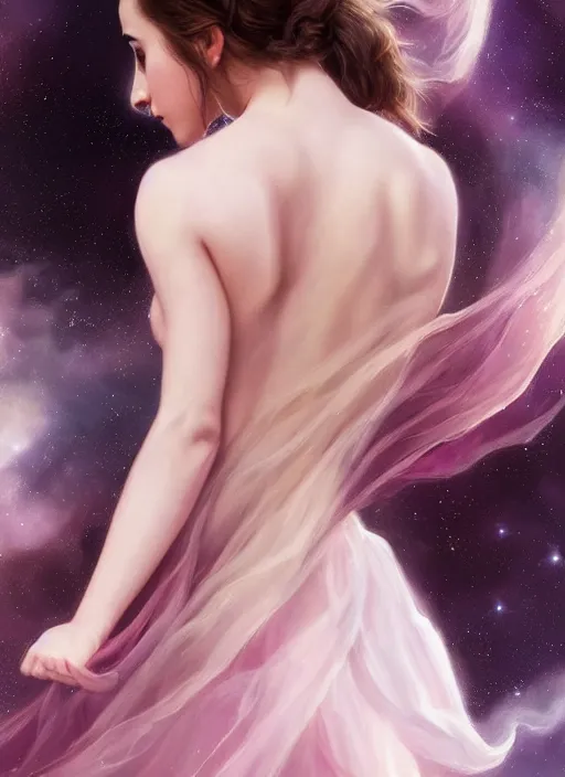 Prompt: emma watson as nature magic celestial, back pose, long hair, soft pink and white transparent cloth, space, D&D, shiny background, intricate, elegant, highly detailed, digital painting, artstation, concept art, smooth, sharp focus, illustration, artgerm, bouguereau