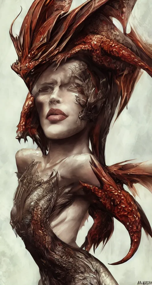 Image similar to 3/4 body portrait of the firedragon queen by artgerm, Dragon in dragon lair, HD, full body dragon concept, flying dragon, Human body with dragon features, beautiful queen, perfect face, fantasy, intricate, elegant, highly detailed, digital painting, artstation, concept art, smooth, sharp focus, illustration, ray tracing, 4k realistic 3d rendered portrait, soft shading, soft colors, relaxed colors, hyperdetailed, wide angle lens, fantasy, futuristic horror, armor style of giger