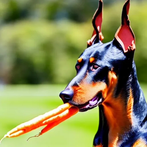 Image similar to doberman dog eating a carrot, photo