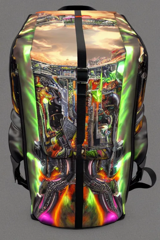 Image similar to photo of a stylish back pack, band merchandise, bandname is tripmachine, tourname is invasion of the tripmachines, realistic digital art, printed with a 3 d render of a huge futuristic steampunk generator, 8 k, fluorescent colors, halluzinogenic, multicolored, exaggerated detailed, unreal engine