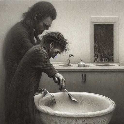 Image similar to Johny Depp washing dishes by Zdzislaw Beksinski