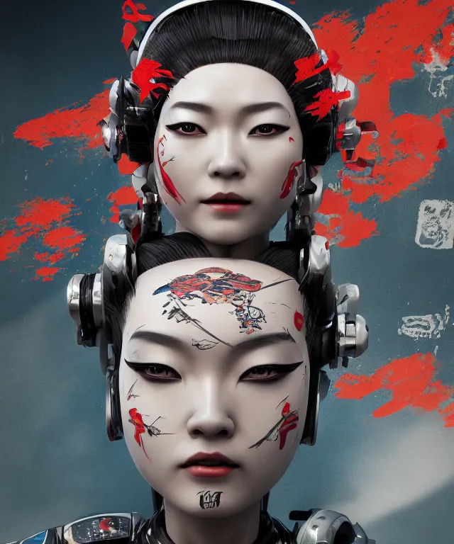 Image similar to an epic fantastic realism comic book style portrait painting of a japanese robotic geisha with kanji tattoos and decals, apex legends, octane render, intricate detail, 4 k hd, unreal engine 5