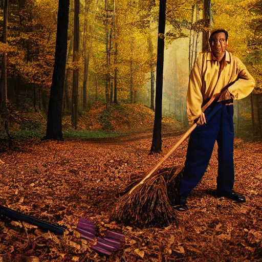 Image similar to closeup portrait of a cleaner with a huge rake in a fall forest, by Steve McCurry and David Lazar, natural light, detailed face, CANON Eos C300, ƒ1.8, 35mm, 8K, medium-format print