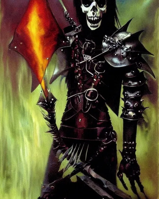 Prompt: portrait of a skinny punk goth wizard wearing armor by simon bisley, john blance, frank frazetta, fantasy, thief warrior skulls dripping goo