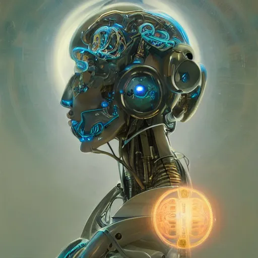 Prompt: a portrait of a robot, brain from crystals, glowing halo, fantasy, hi-tech, cables, intricate, elegant, highly detailed, digital painting, artstation, concept art, smooth, sharp focus, art by anthony macbain + greg rutkowski + alphonse mucha, concept art, 4k, sharp focus, cinematic unreal engine