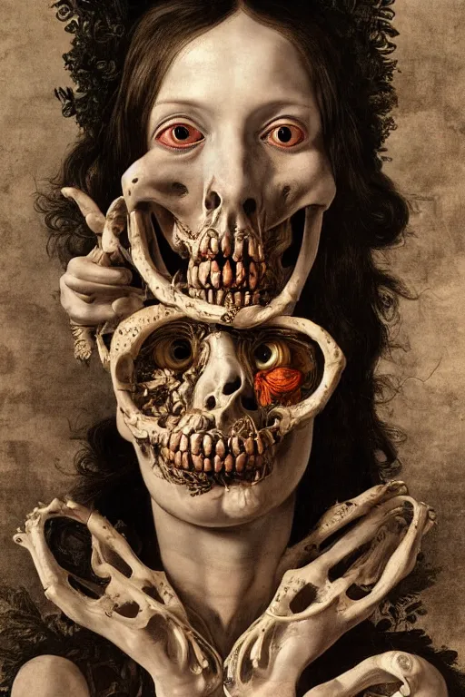 Image similar to Detailed maximalist portrait with large lips and with large, wide eyes, sad expression, extra bones, flesh, HD mixed media, 3D collage, highly detailed and intricate, surreal, illustration in the style of Caravaggio, dark art, baroque