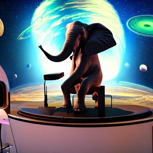 Prompt: a hyperrealistic 3D octane render of an elephant wearing an oculus rift and playing a keyboard inside of a dome planetarium with planets and galaxies, 8k, unreal engine, dramatic lighting, volumetric lighting, uplighting, ray tracing, photorealistic,