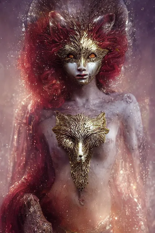 Prompt: priestess thin woman with curly red hair with glittering priestess clothes wearing a glittering fox mask with tiny mineral and bismuth incrustations. By tom purvis, emil melmoth, zdzislaw belsinki, Craig Mullins, yoji shinkawa, dark rainbow color scheme, featured on artstation, beautifully lit, Peter mohrbacher, zaha hadid, hyper detailed, insane details, intricate, elite, ornate, elegant, luxury, dramatic lighting, CGsociety, hypermaximalist, golden ratio, environmental key art, octane render, weta digital, micro details, 3d sculpture, structure, ray trace 4k