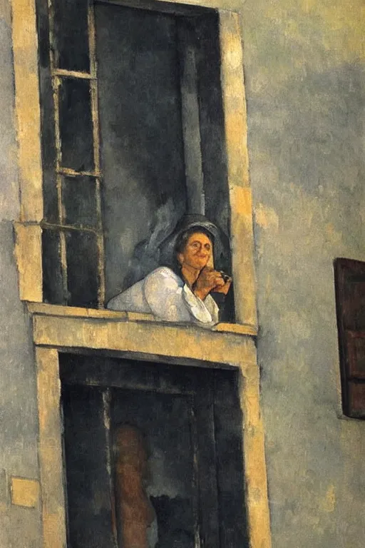 Image similar to an elderly and content italian woman leaning out of the window of an old building, smoking a cigarette, by paul cezanne, firenze, sunset, smooth, expressionist, gold, portrait