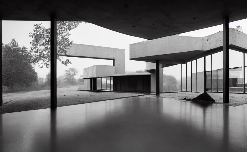 Image similar to An Exterior wide angle shot of a cyberpunk brutalist architecture House with warmly lit windows by Peter zumthor and James Turrell, Dark atmospheric sad and cinematic lighting, Trending on artstation, Archviz, Archdaily, Deezen, Design milk, Architectural visualisation