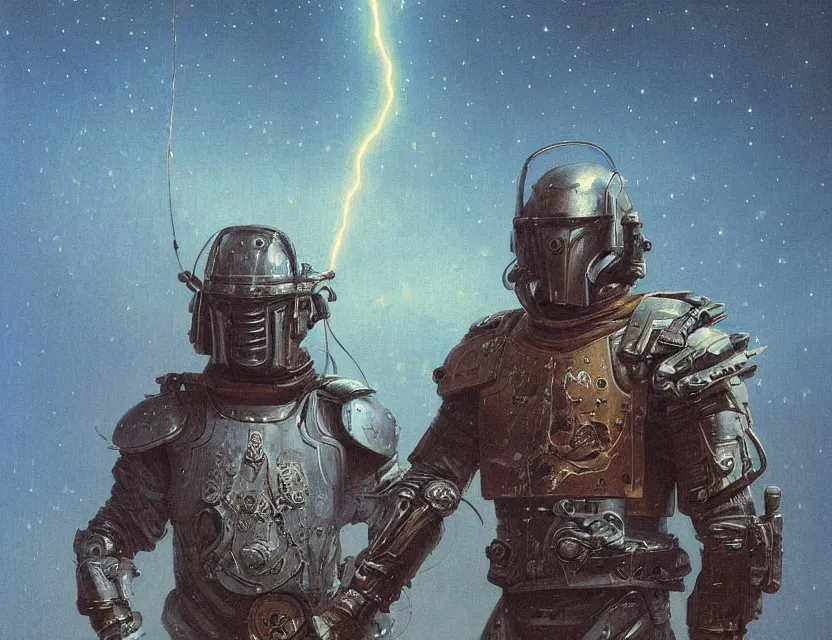 Image similar to a detailed portrait painting of a bounty hunter in combat armour and visor. cinematic sci-fi poster. Flight suit, accurate anatomy. Samurai influence, fencing armour. portrait symmetrical and science fiction theme with lightning, aurora lighting. clouds and stars. Futurism by beksinski carl spitzweg moebius and tuomas korpi. baroque elements. baroque element. intricate artwork by caravaggio. Oil painting. Trending on artstation. 8k