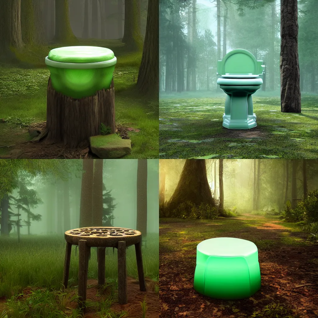 Prompt: a toilet stool made of jade in the middle of a forest, realistic, dreamy, volumetric lighting, high detail, 4 k, artstation