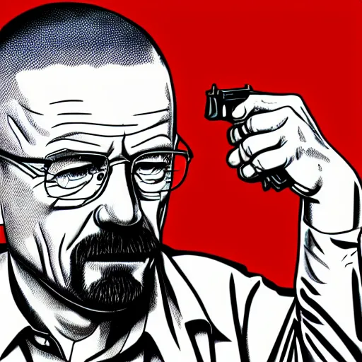 Prompt: Walter White pointing a gun at right side, accurate anatomy, highly detailed