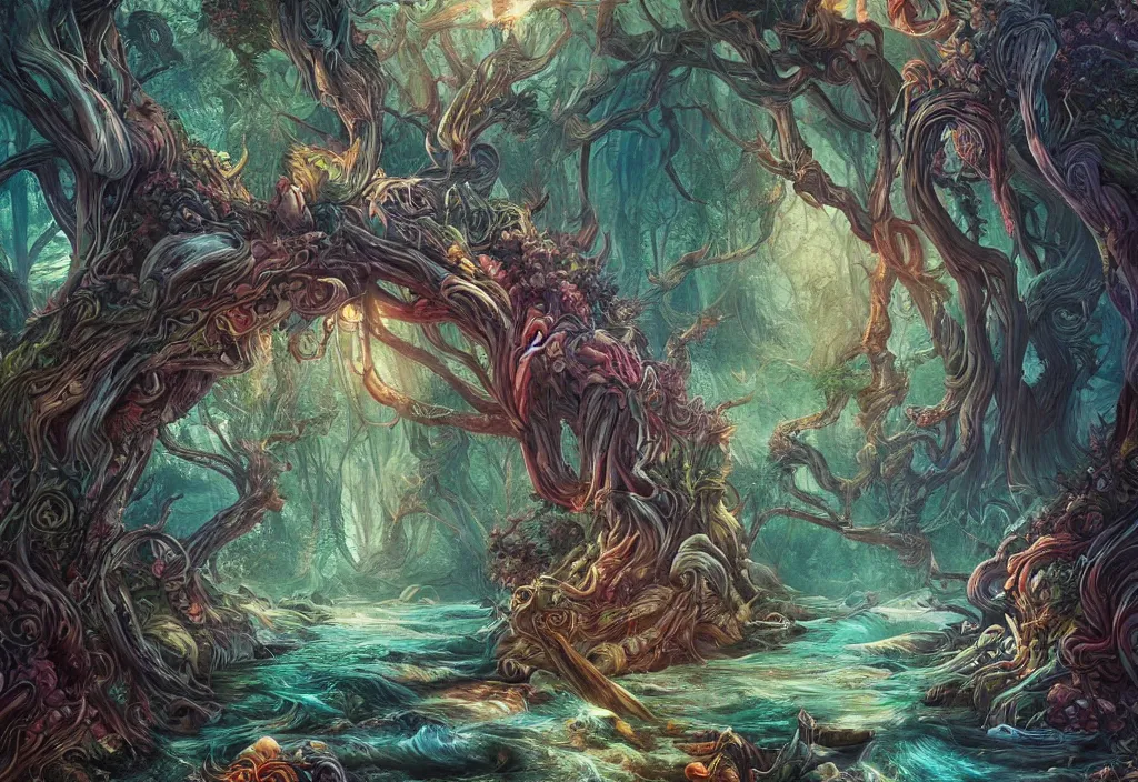 Image similar to mythical fantasy forest, flowing river, artwork by android jones and loish, smooth lighting, wallpaper