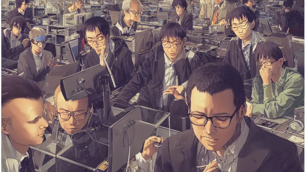 Image similar to highly detailed illustration of a cryptocurrency researcher by makoto shinkai, by moebius, by oliver vernon, by joseph moncada, by damon soule, by manabu ikeda, by kyle hotz, by dan mumford, by otomo, 4 k resolution