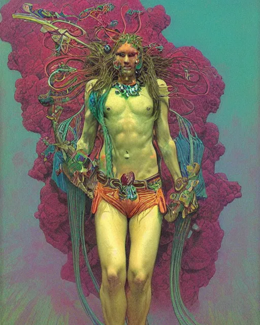 Image similar to rainbow flowerpunk portrait of a skateboarding tattooed green god by paul lehr, beksinski, alphonse mucha, jesper ejsing